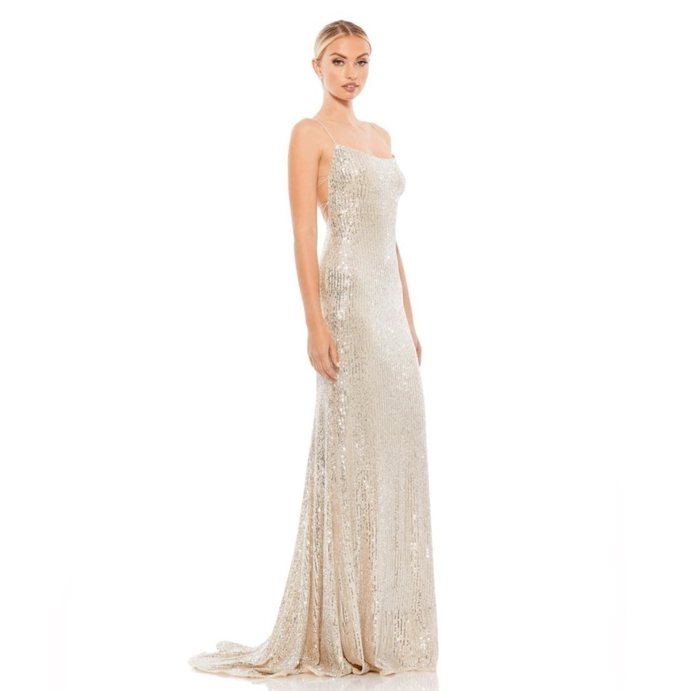 Mac Duggal Size 10 Silver Nude Sequins Strappy Open Back Long Maxi Gown Dress